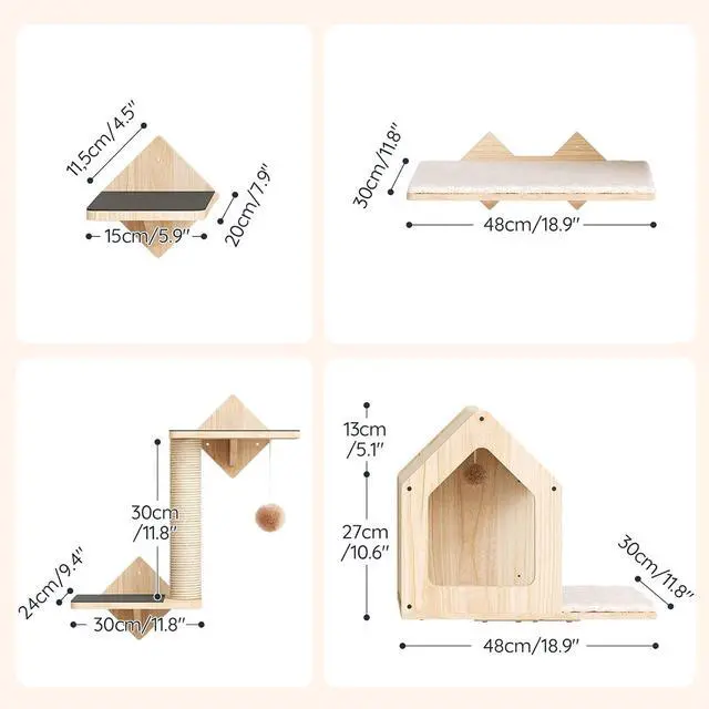 Alt view image 3 of 6 - Wood Cat Wall Shelves, Set of 5 Cat Wall Mounted Furniture, Climbing Shelves with House, Steps, Scratching Post, Perch, Sturdy and Anti-Slip, Natural NL43CS03G1