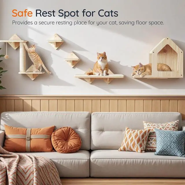 Alt view image 2 of 6 - Wood Cat Wall Shelves, Set of 5 Cat Wall Mounted Furniture, Climbing Shelves with House, Steps, Scratching Post, Perch, Sturdy and Anti-Slip, Natural NL43CS03G1