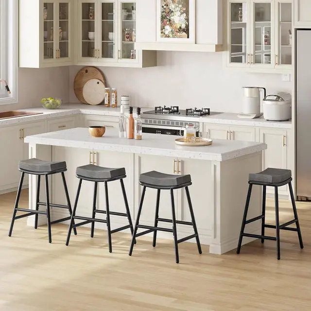 Alt view image 2 of 7 - Bar Stools, Set of 2 Bar Chairs, Barstools for Kitchen Counter, Counter Height Bar Stools, Saddle Barstools & Curved Surface, 1.6" Thick Upholstery, for Dining Room, Gray & Black BG19MDP201
