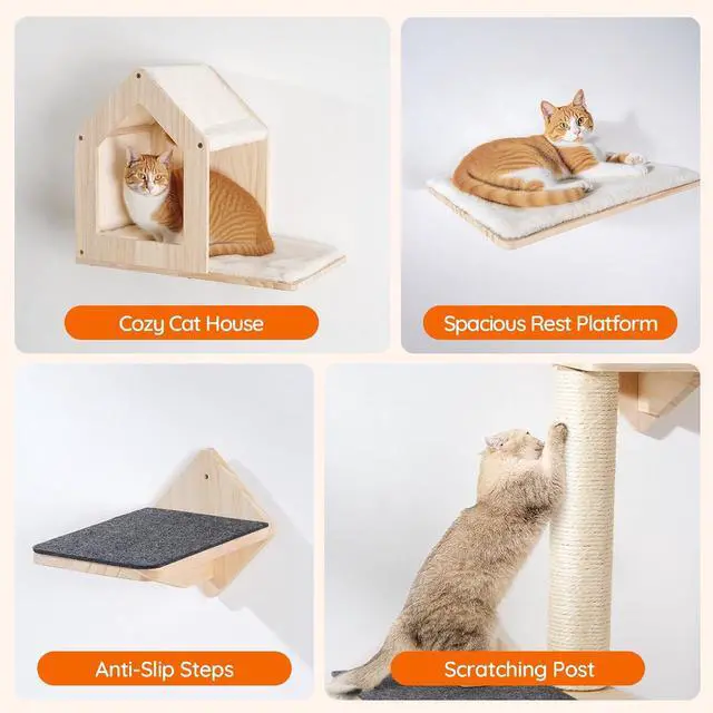 Alt view image 5 of 6 - Wood Cat Wall Shelves, Set of 5 Cat Wall Mounted Furniture, Climbing Shelves with House, Steps, Scratching Post, Perch, Sturdy and Anti-Slip, Natural NL43CS03G1