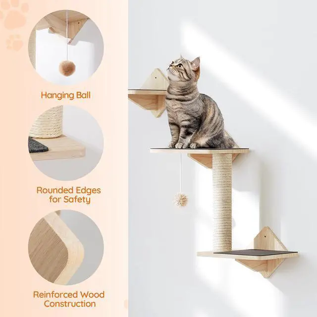 Alt view image 4 of 6 - Wood Cat Wall Shelves, Set of 5 Cat Wall Mounted Furniture, Climbing Shelves with House, Steps, Scratching Post, Perch, Sturdy and Anti-Slip, Natural NL43CS03G1