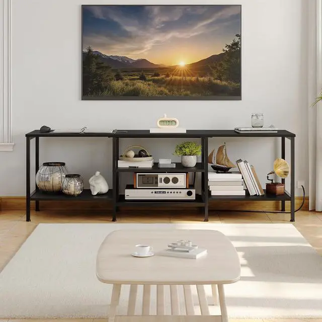 Alt view image 2 of 7 - TV Stand with Power Outlets to 75 Inches, TV Console Table with Open Storage Shelves Cabinet, Industrial Media Entertainment Center for Living Room Bedroom, Black BB60DS01