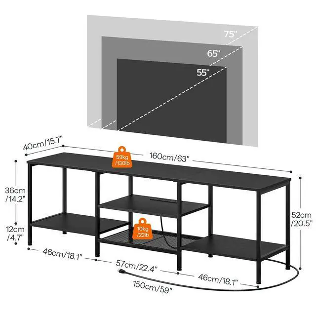 Alt view image 3 of 7 - TV Stand with Power Outlets to 75 Inches, TV Console Table with Open Storage Shelves Cabinet, Industrial Media Entertainment Center for Living Room Bedroom, Black BB60DS01