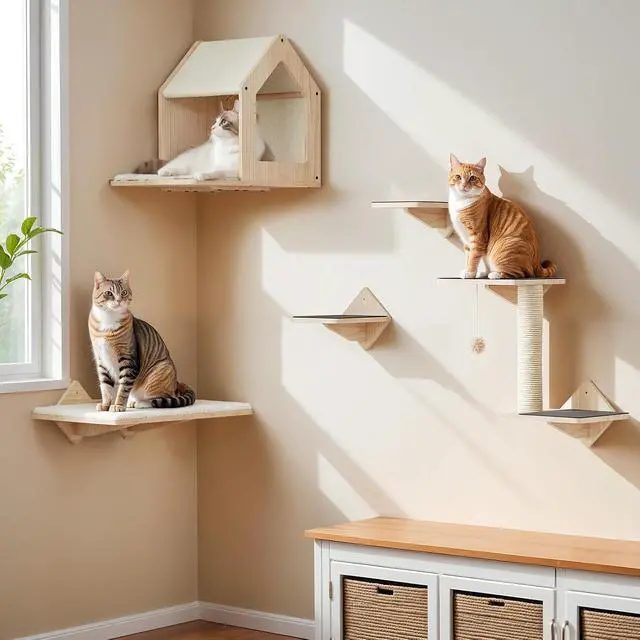 Alt view image 6 of 6 - Wood Cat Wall Shelves, Set of 5 Cat Wall Mounted Furniture, Climbing Shelves with House, Steps, Scratching Post, Perch, Sturdy and Anti-Slip, Natural NL43CS03G1