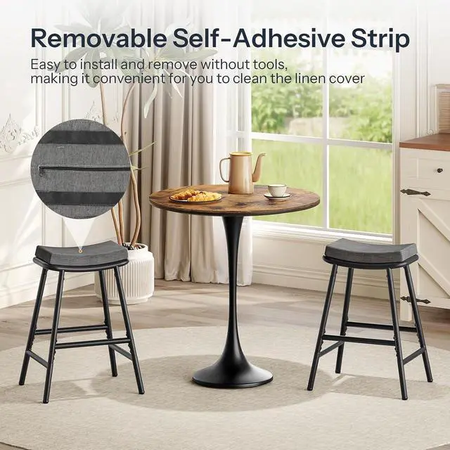 Alt view image 4 of 7 - Bar Stools, Set of 2 Bar Chairs, Barstools for Kitchen Counter, Counter Height Bar Stools, Saddle Barstools & Curved Surface, 1.6" Thick Upholstery, for Dining Room, Gray & Black BG19MDP201