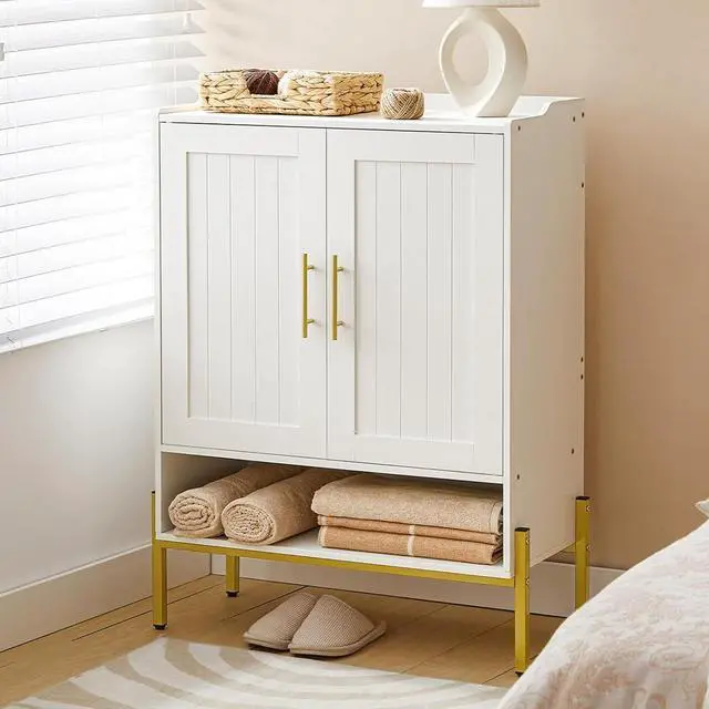 Main image of Shoe Cabinet, 5-Tier Shoe Storage Organizer with Doors, Wooden Shoe Cabinet Storage for Entryway, Freestanding Shoe Rack Cabinet with 3 Adjustable Shelves for Hallway, Gold and White DW41SC01