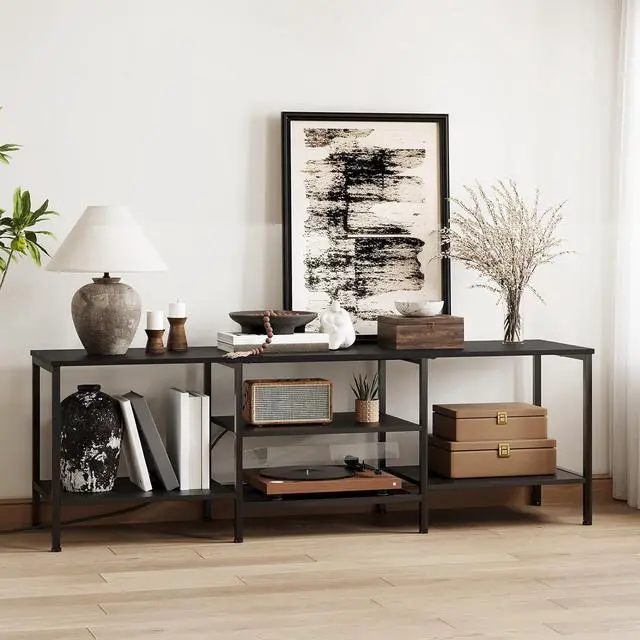 Alt view image 4 of 7 - TV Stand with Power Outlets to 75 Inches, TV Console Table with Open Storage Shelves Cabinet, Industrial Media Entertainment Center for Living Room Bedroom, Black BB60DS01