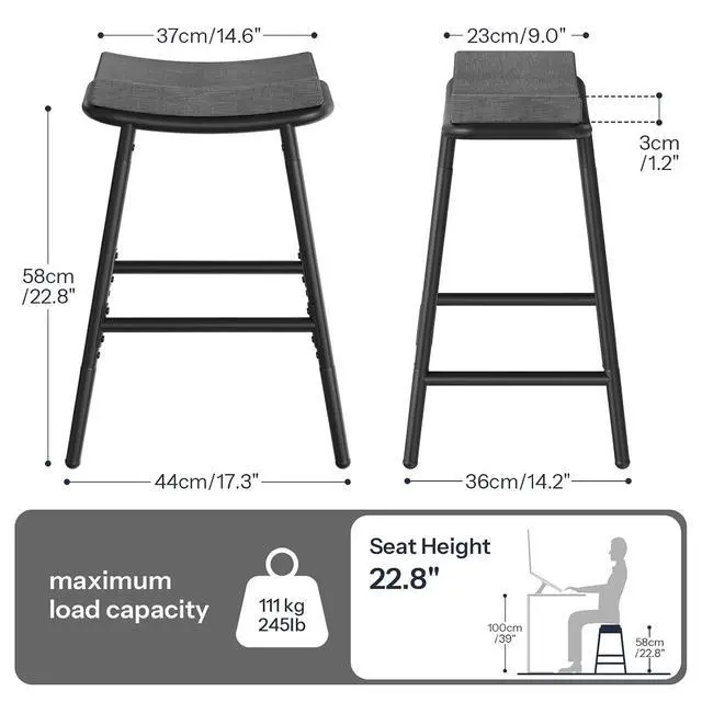 Alt view image 3 of 7 - Bar Stools, Set of 2 Bar Chairs, Barstools for Kitchen Counter, Counter Height Bar Stools, Saddle Barstools & Curved Surface, 1.6" Thick Upholstery, for Dining Room, Gray & Black BG19MDP201