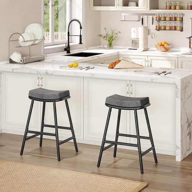 Alt view image 6 of 7 - Bar Stools, Set of 2 Bar Chairs, Barstools for Kitchen Counter, Counter Height Bar Stools, Saddle Barstools & Curved Surface, 1.6" Thick Upholstery, for Dining Room, Gray & Black BG19MDP201