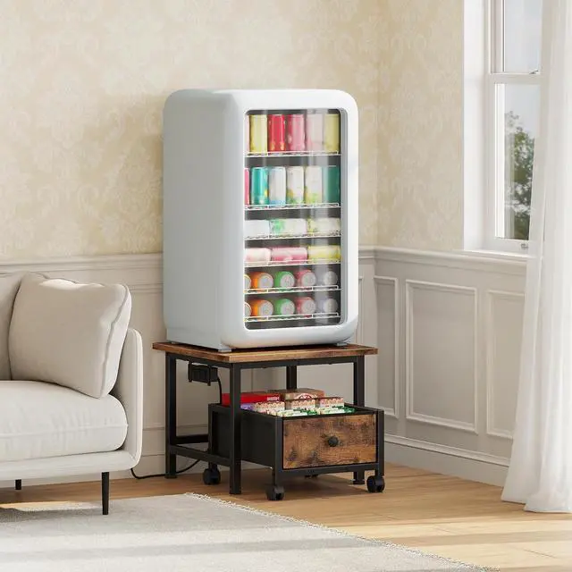 Alt view image 4 of 7 - Mini Fridge Stand with Non-Woven Storage Basket and Power Outlet, Mini Fridge Cabinet with Wheels and Adjustable Feet, Mobile Fridge Shelf, for Home, Apartment, Dorm, Rustic Brown FB355UBX01