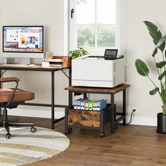 Alt view image 6 of 7 - Mini Fridge Stand with Non-Woven Storage Basket and Power Outlet, Mini Fridge Cabinet with Wheels and Adjustable Feet, Mobile Fridge Shelf, for Home, Apartment, Dorm, Rustic Brown FB355UBX01