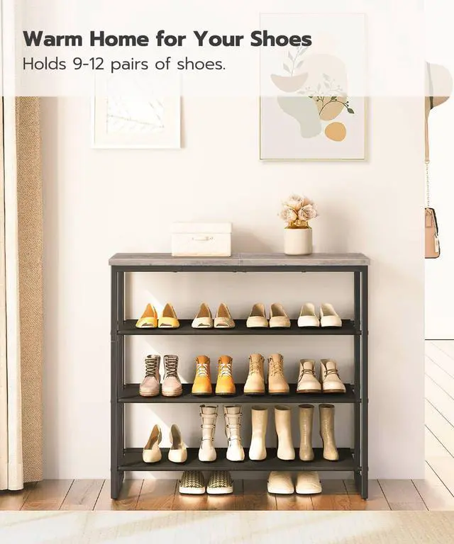 Alt view image 5 of 7 - Shoe Rack, 4 Tier Shoe Storage Organizer with 3 Oxford Fabric Shelves and Top Panel, Holds 12-16 Pairs of Shoes for Entryway and Closet, Industrial, Greige BG47XJ01G1