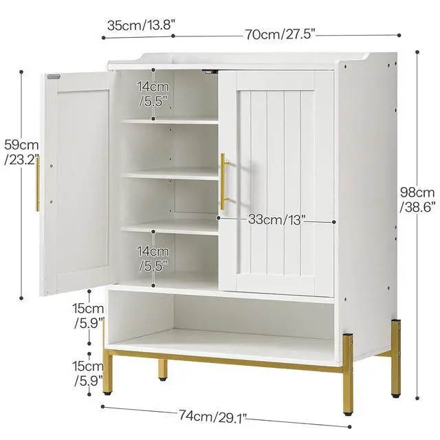 Alt view image 2 of 7 - Shoe Cabinet, 5-Tier Shoe Storage Organizer with Doors, Wooden Shoe Cabinet Storage for Entryway, Freestanding Shoe Rack Cabinet with 3 Adjustable Shelves for Hallway, Gold and White DW41SC01