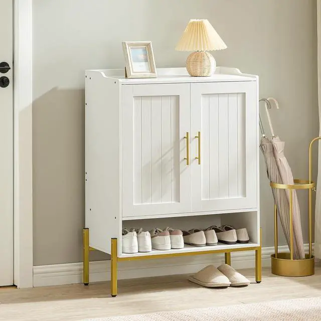 Alt view image 3 of 7 - Shoe Cabinet, 5-Tier Shoe Storage Organizer with Doors, Wooden Shoe Cabinet Storage for Entryway, Freestanding Shoe Rack Cabinet with 3 Adjustable Shelves for Hallway, Gold and White DW41SC01