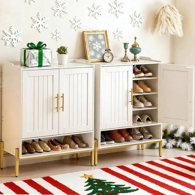 Alt view image 4 of 7 - Shoe Cabinet, 5-Tier Shoe Storage Organizer with Doors, Wooden Shoe Cabinet Storage for Entryway, Freestanding Shoe Rack Cabinet with 3 Adjustable Shelves for Hallway, Gold and White DW41SC01