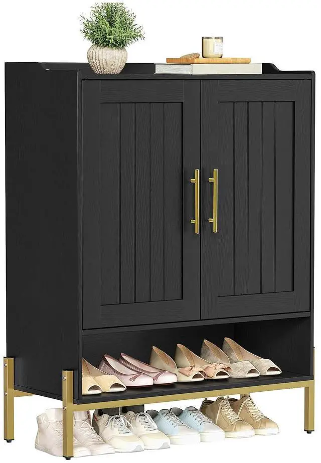 Main image of Shoe Cabinet, 5-Tier Shoe Storage Organizer with Doors, Wooden Shoe Cabinet Storage for Entryway, Freestanding Shoe Rack Cabinet with 3 Adjustable Shelves for Hallway, Gold and Black DB41SC01