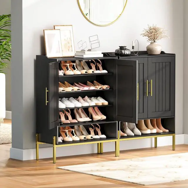 Alt view image 2 of 7 - Shoe Cabinet, 5-Tier Shoe Storage Organizer with Doors, Wooden Shoe Cabinet Storage for Entryway, Freestanding Shoe Rack Cabinet with 3 Adjustable Shelves for Hallway, Gold and Black DB41SC01