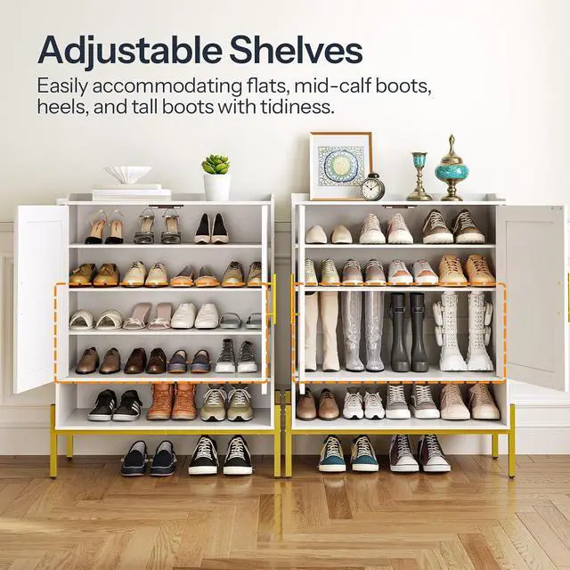 Alt view image 5 of 7 - Shoe Cabinet, 5-Tier Shoe Storage Organizer with Doors, Wooden Shoe Cabinet Storage for Entryway, Freestanding Shoe Rack Cabinet with 3 Adjustable Shelves for Hallway, Gold and White DW41SC01