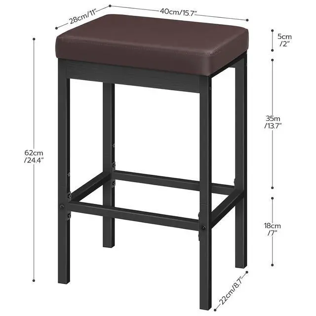 Alt view image 3 of 7 - Bar Stools, Set of 2 Barstools, 24.8-Inch Height Stools, Breakfast Barstools, Kitchen Bar Chairs, 2" Thick Upholstery, for Kitchen, Dining Room, Cafe, Bar Counter, Brown and Black BC21BY01