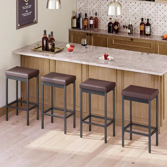 Alt view image 2 of 7 - Bar Stools, Set of 2 Barstools, 24.8-Inch Height Stools, Breakfast Barstools, Kitchen Bar Chairs, 2" Thick Upholstery, for Kitchen, Dining Room, Cafe, Bar Counter, Brown and Black BC21BY01