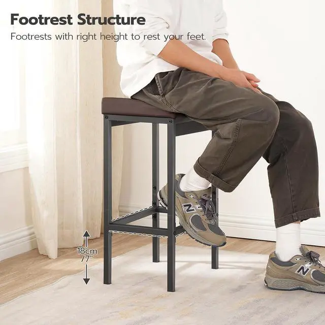 Alt view image 4 of 7 - Bar Stools, Set of 2 Barstools, 24.8-Inch Height Stools, Breakfast Barstools, Kitchen Bar Chairs, 2" Thick Upholstery, for Kitchen, Dining Room, Cafe, Bar Counter, Brown and Black BC21BY01