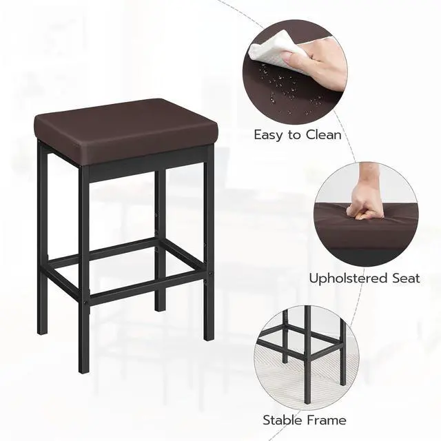 Alt view image 6 of 7 - Bar Stools, Set of 2 Barstools, 24.8-Inch Height Stools, Breakfast Barstools, Kitchen Bar Chairs, 2" Thick Upholstery, for Kitchen, Dining Room, Cafe, Bar Counter, Brown and Black BC21BY01