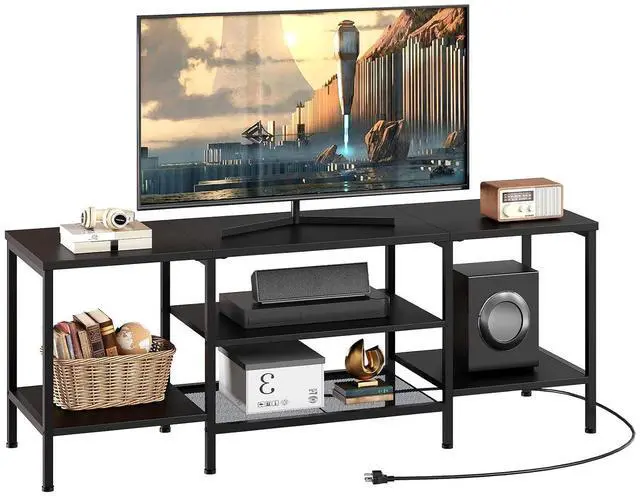 Main image of TV Stand with Power Outlets to 65 Inches, TV Console Table with Open Storage Shelves, Industrial Media Entertainment Center for Living Room Bedroom, Black BB40DS01