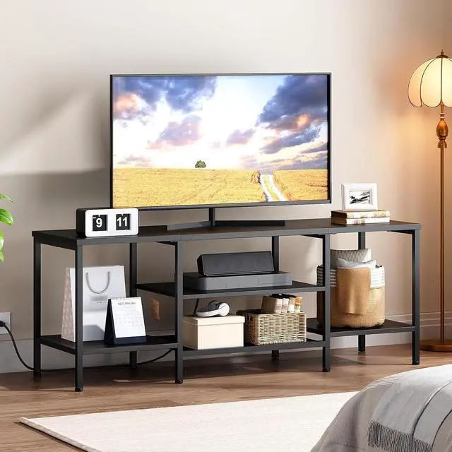 Alt view image 2 of 7 - TV Stand with Power Outlets to 65 Inches, TV Console Table with Open Storage Shelves, Industrial Media Entertainment Center for Living Room Bedroom, Black BB40DS01