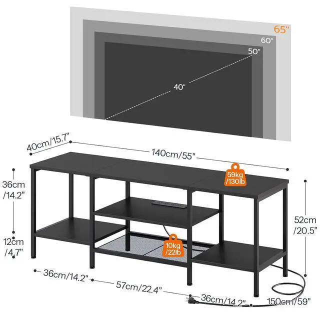 Alt view image 3 of 7 - TV Stand with Power Outlets to 65 Inches, TV Console Table with Open Storage Shelves, Industrial Media Entertainment Center for Living Room Bedroom, Black BB40DS01