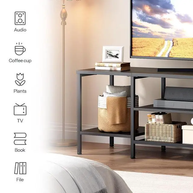 Alt view image 4 of 7 - TV Stand with Power Outlets to 65 Inches, TV Console Table with Open Storage Shelves, Industrial Media Entertainment Center for Living Room Bedroom, Black BB40DS01