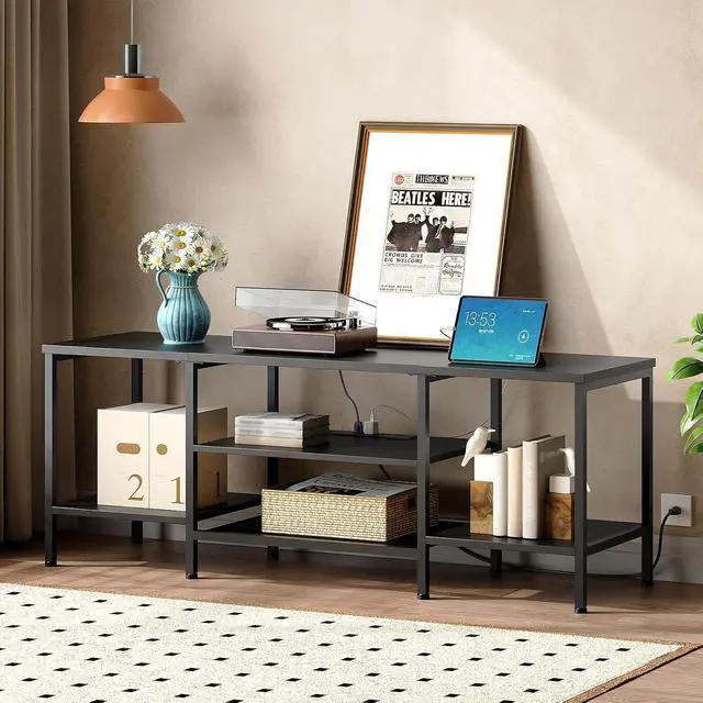 Alt view image 5 of 7 - TV Stand with Power Outlets to 65 Inches, TV Console Table with Open Storage Shelves, Industrial Media Entertainment Center for Living Room Bedroom, Black BB40DS01