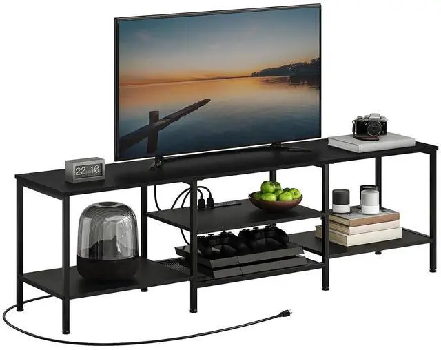 Main image of TV Stand with Power Outlets to 75 Inches, TV Console Table with Open Storage Shelves Cabinet, Industrial Media Entertainment Center for Living Room Bedroom, Black BB80DS01
