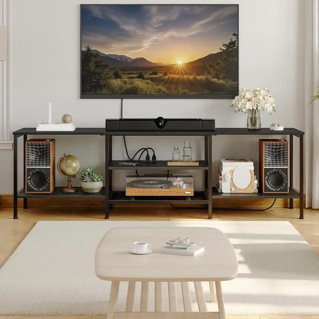 Alt view image 2 of 7 - TV Stand with Power Outlets to 75 Inches, TV Console Table with Open Storage Shelves Cabinet, Industrial Media Entertainment Center for Living Room Bedroom, Black BB80DS01