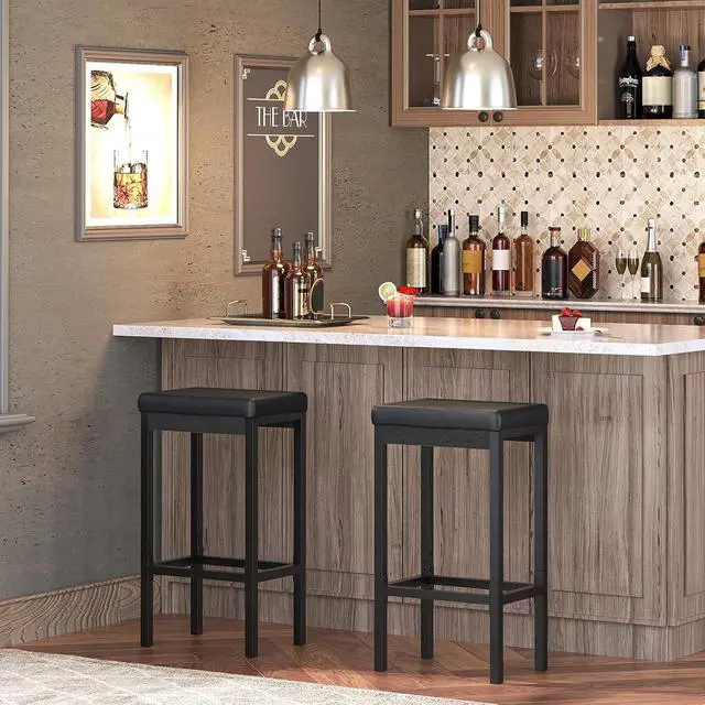 Alt view image 7 of 7 - Bar Stools, Set of 2 Bar Chairs, 24.8-Inch Height Stools, Breakfast Bar Stools, Kitchen Stools, 2" Thick Upholstery, for Kitchen, Dining Room, Cafe, Bar Counter, Black BB21BY01