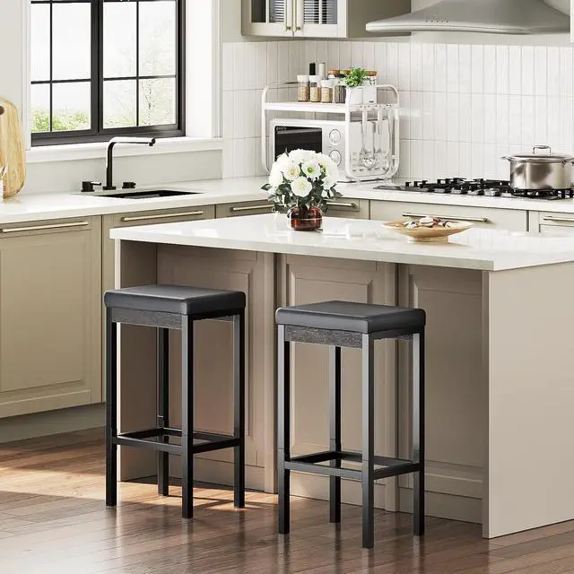 Alt view image 4 of 7 - Bar Stools, Set of 2 Bar Chairs, 24.8-Inch Height Stools, Breakfast Bar Stools, Kitchen Stools, 2" Thick Upholstery, for Kitchen, Dining Room, Cafe, Bar Counter, Black BB21BY01