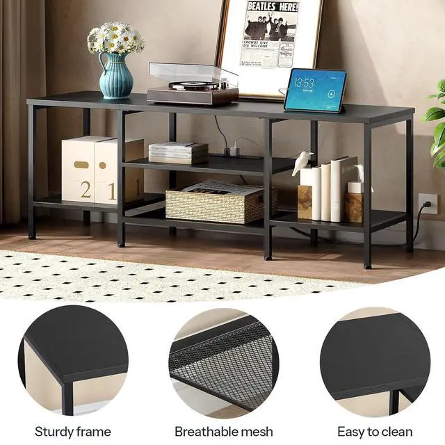 Alt view image 7 of 7 - TV Stand with Power Outlets to 65 Inches, TV Console Table with Open Storage Shelves, Industrial Media Entertainment Center for Living Room Bedroom, Black BB40DS01