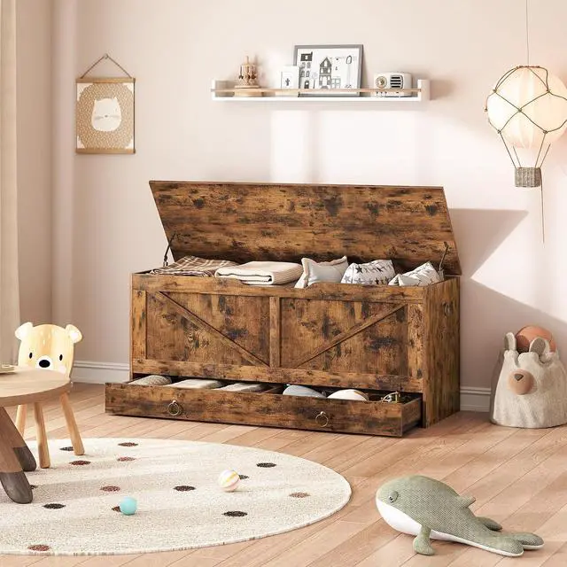 Alt view image 2 of 7 - Storage Chest, 43.3" Toy Chest with Drawer, Wooden Storage Bench, Sturdy Entryway Bench Supports 220 lb, Shoe Bench, Safety Hinge, U-Shaped Opening, Easy Assembly, Rustic Brown FG711CW01G1