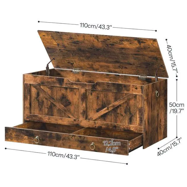 Alt view image 3 of 7 - Storage Chest, 43.3" Toy Chest with Drawer, Wooden Storage Bench, Sturdy Entryway Bench Supports 220 lb, Shoe Bench, Safety Hinge, U-Shaped Opening, Easy Assembly, Rustic Brown FG711CW01G1
