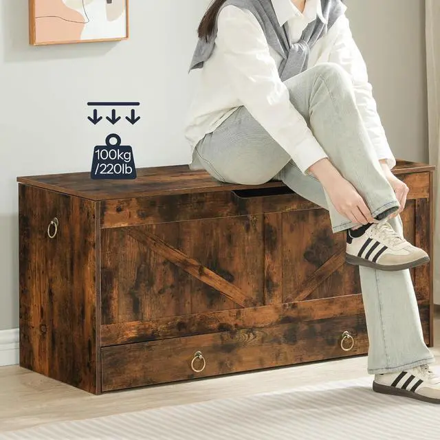 Alt view image 6 of 7 - Storage Chest, 43.3" Toy Chest with Drawer, Wooden Storage Bench, Sturdy Entryway Bench Supports 220 lb, Shoe Bench, Safety Hinge, U-Shaped Opening, Easy Assembly, Rustic Brown FG711CW01G1