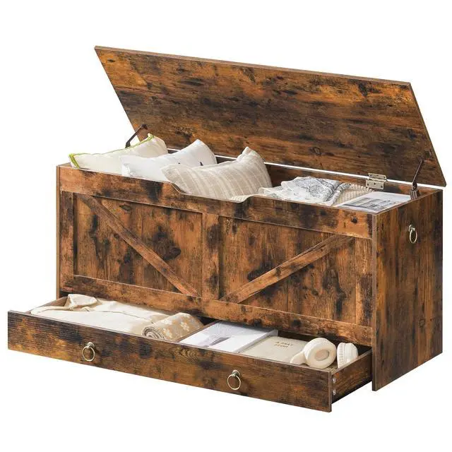 Alt view image 7 of 7 - Storage Chest, 43.3" Toy Chest with Drawer, Wooden Storage Bench, Sturdy Entryway Bench Supports 220 lb, Shoe Bench, Safety Hinge, U-Shaped Opening, Easy Assembly, Rustic Brown FG711CW01G1