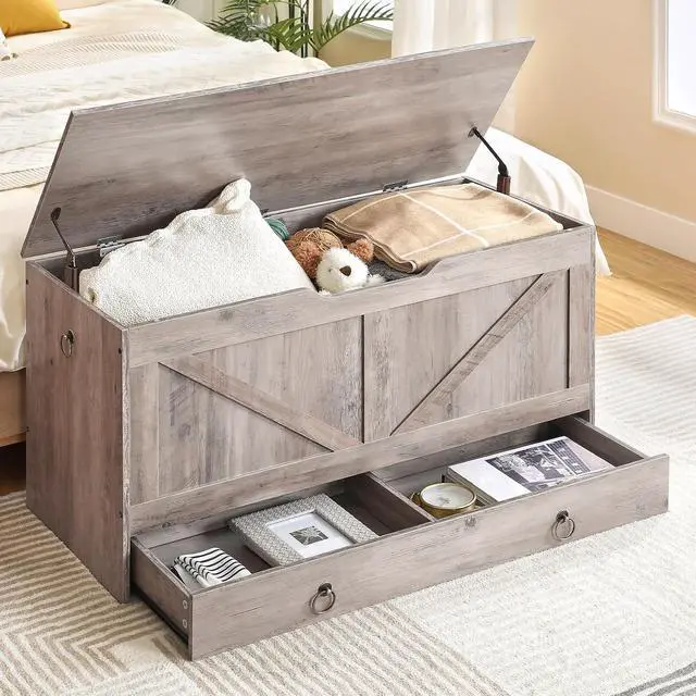 Alt view image 2 of 7 - Storage Chest, 39.3" Toy Chest with Drawer, Wooden Storage Bench, Sturdy Entryway Bench Supports 220 lb, Safety Hinge, U-Shaped Opening, Easy Assembly, Greige BG710CW01G2