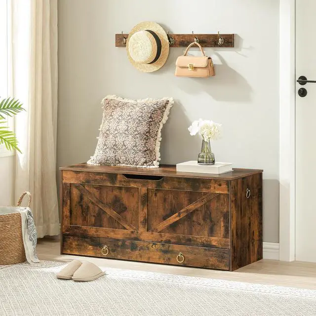 Alt view image 5 of 7 - Storage Chest, 43.3" Toy Chest with Drawer, Wooden Storage Bench, Sturdy Entryway Bench Supports 220 lb, Shoe Bench, Safety Hinge, U-Shaped Opening, Easy Assembly, Rustic Brown FG711CW01G1
