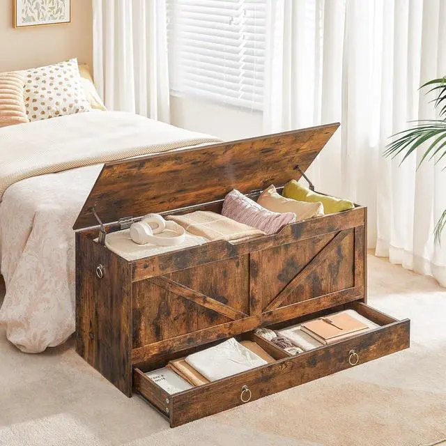 Alt view image 4 of 7 - Storage Chest, 43.3" Toy Chest with Drawer, Wooden Storage Bench, Sturdy Entryway Bench Supports 220 lb, Shoe Bench, Safety Hinge, U-Shaped Opening, Easy Assembly, Rustic Brown FG711CW01G1