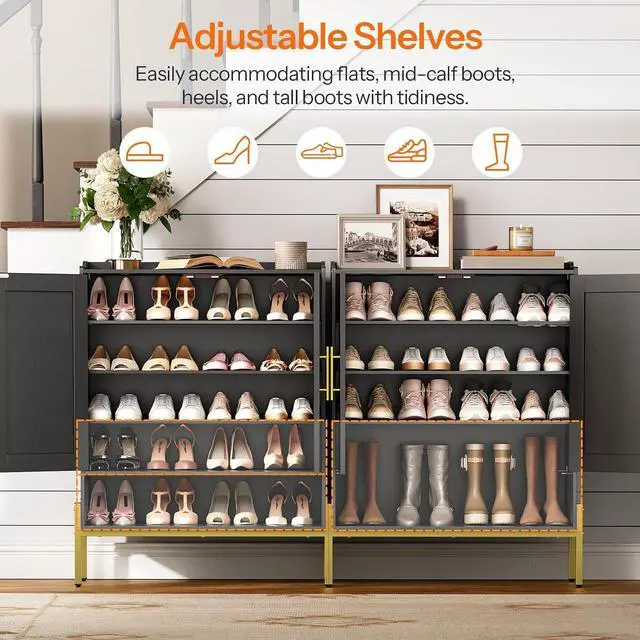Alt view image 5 of 7 - Shoe Cabinet, 5-Tier Shoe Storage Organizer with Doors, Wooden Shoe Cabinet Storage for Entryway, Freestanding Shoe Rack Cabinet with 3 Adjustable Shelves for Hallway, Gold and Black DB41SC01