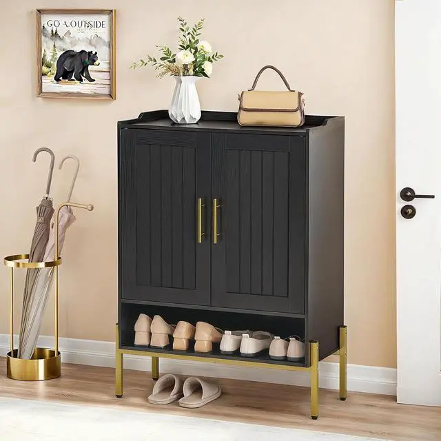 Alt view image 6 of 7 - Shoe Cabinet, 5-Tier Shoe Storage Organizer with Doors, Wooden Shoe Cabinet Storage for Entryway, Freestanding Shoe Rack Cabinet with 3 Adjustable Shelves for Hallway, Gold and Black DB41SC01