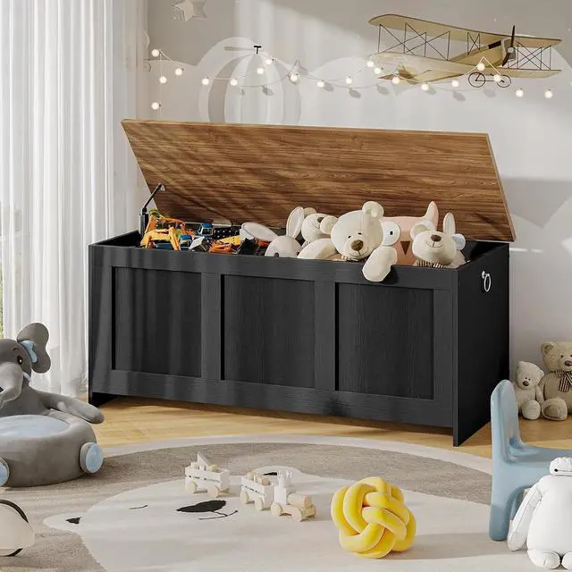 Alt view image 2 of 7 - Storage Bench, 39.3" Retro Wooden Storage Chest, Wooden Storage Trunk, Toy Chest with Lift Top, Multifunctional Entryway Organizer, for Entryway, Living Room, Black and Walnut BH141CW01G1