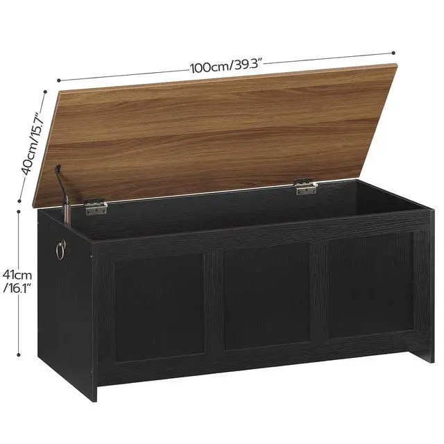 Alt view image 3 of 7 - Storage Bench, 39.3" Retro Wooden Storage Chest, Wooden Storage Trunk, Toy Chest with Lift Top, Multifunctional Entryway Organizer, for Entryway, Living Room, Black and Walnut BH141CW01G1