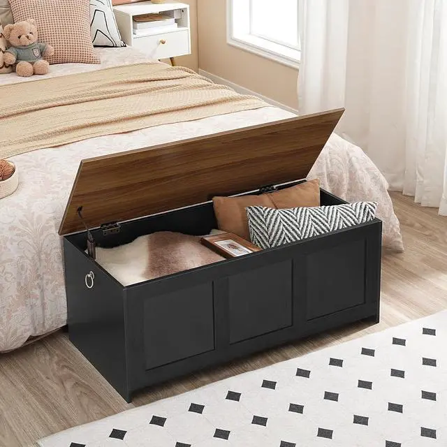 Alt view image 4 of 7 - Storage Bench, 39.3" Retro Wooden Storage Chest, Wooden Storage Trunk, Toy Chest with Lift Top, Multifunctional Entryway Organizer, for Entryway, Living Room, Black and Walnut BH141CW01G1