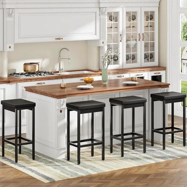 Alt view image 2 of 7 - Bar Stools, Set of 4 Bar Chairs, 24.8-Inch Height Stools, Breakfast Bar Stools, Kitchen Stools, 2" Thick Upholstery, for Kitchen, Dining Room, Cafe, Bar Counter, Black BB21BYP401