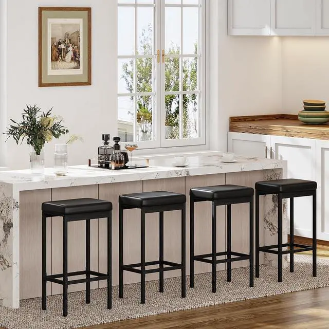 Alt view image 6 of 7 - Bar Stools, Set of 4 Bar Chairs, 24.8-Inch Height Stools, Breakfast Bar Stools, Kitchen Stools, 2" Thick Upholstery, for Kitchen, Dining Room, Cafe, Bar Counter, Black BB21BYP401